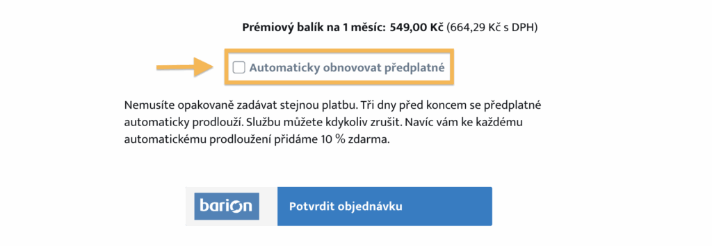 Aktivace automatické prodlužování předplatného