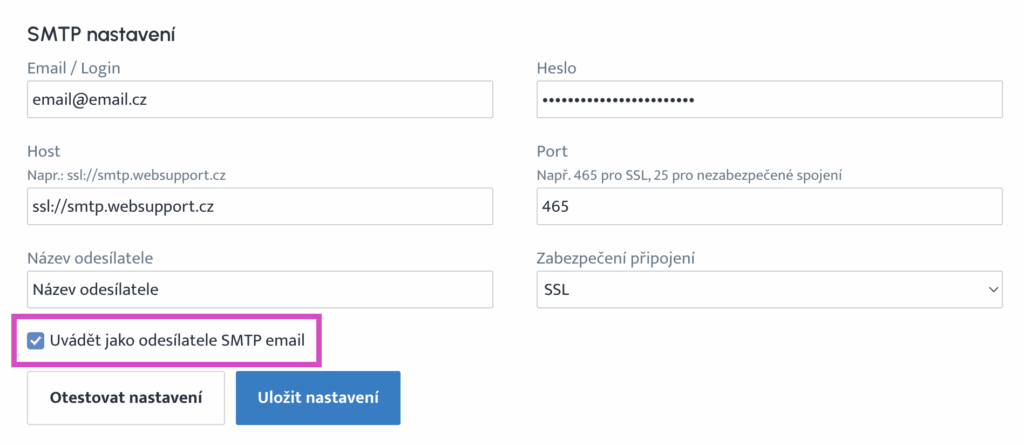 Uvádět jako odesílatele SMTP email